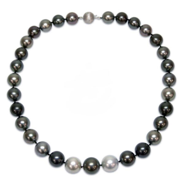 13-16mm Graduated Multi-Black Tahitian Pearl Necklace w/ 14KW 12mm .06ct TDW Matte Ball Clasp I1-I2 JMS004607