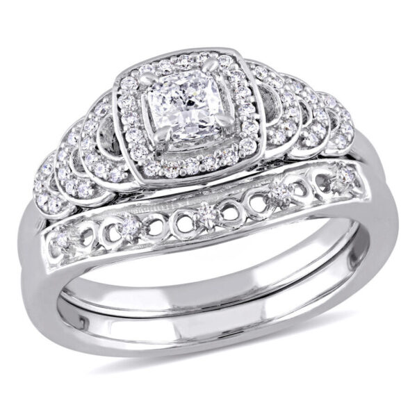 Amour 1/2 CT TW Round and Cushion Diamond Bridal Set Ring 14k White Gold GH SI