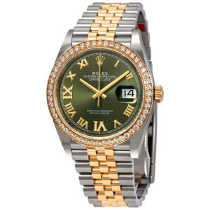 Women's Datejust 36 Stainless Steel and 18kt Yellow Gold Rolex Jubilee Olive green set with diamonds Dial Watch